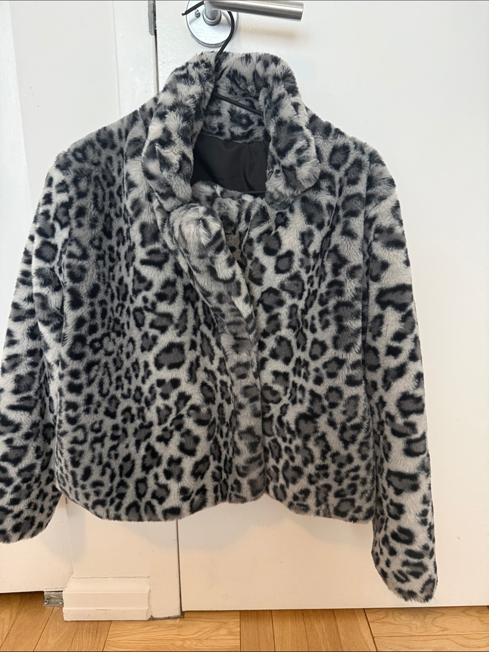 Faux Fur Leopard Print Jacket in Gray and Black